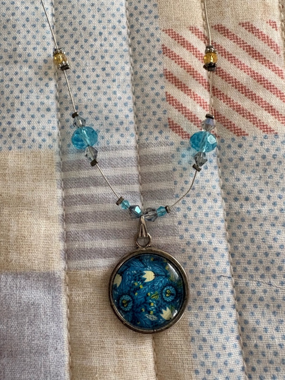 Blue Floral Glass Pendant Necklace - Women's Jewelry